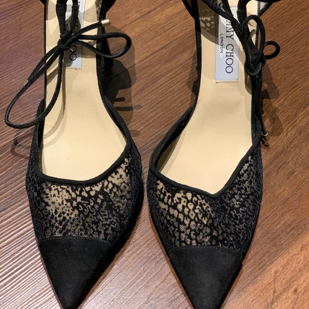 Jimmy Choo black lace tie stiletto heels